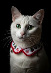 Studio Portrait of a White Cat with a Festive Christmas Collar.