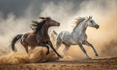 Obraz premium Two horses, a brown one and a gray one, gallop side by side across a dusty landscape. Their manes flow in the wind as they kick up clouds of dust behind them, creating a dynamic and lively scene. The 
