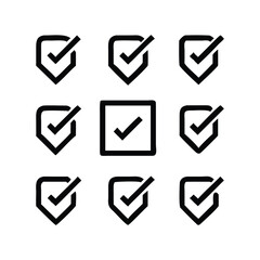 Nine black checkmark icons in shield and square shapes on white background