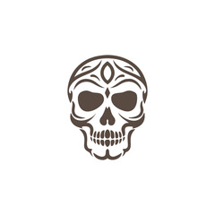 Ornate Tribal Skull Graphic Design with Decorative Headpiece on White Background