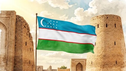 uzbekistan flag waving ancient architecture sunny day