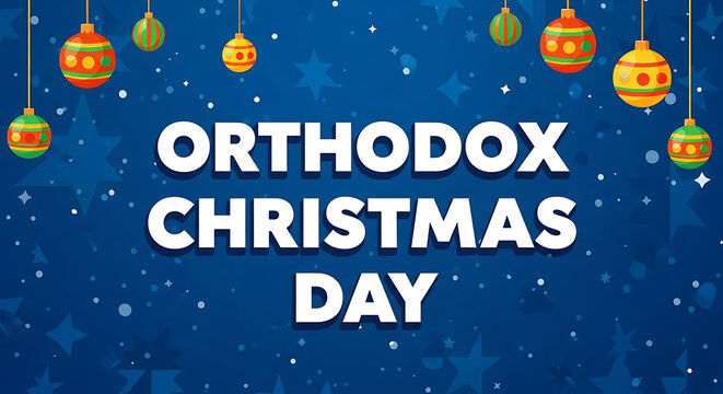 Orthodox christmas day greeting with festive ornaments and snowflakes a starry blue, celebrating the religious holiday