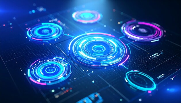 Futuristic Glowing Circular Network on Dark Blue Circuit Board Background