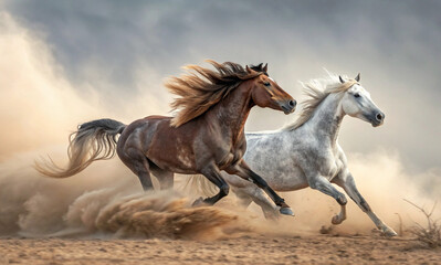 Obraz premium Two horses, a brown one and a gray one, gallop side by side across a dusty landscape. Their manes flow in the wind as they kick up clouds of dust behind them, creating a dynamic and lively scene. The 