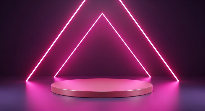 Podium stage with spot lights background - empty stage with pink neon triangle lights and a podium, perfect for product display or presentations