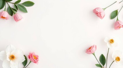 Floral frame Pink and white flowers with green leaves arranged in corners on a white background