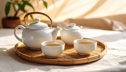 Elegant white porcelain teapot with matching cups arranged on a bamboo tray. Captured in soft natural daylight, ideal for lifestyle and tea culture concepts.