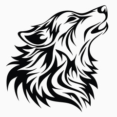 Stylized black wolf head looks upward in a tribal art style on white