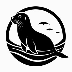 Seal in river vector clean black silhouette design white background