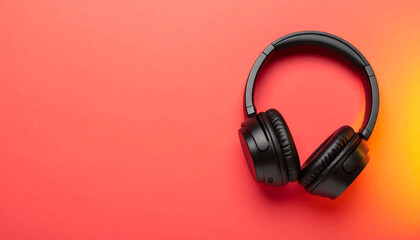 Stylish wireless headphones placed on right side against matte black background with glowing light copy space. Perfect for music and lifestyle designs.