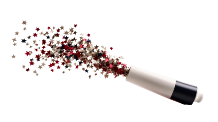 Explosion of Star Confetti from Tube on White Background, cut out transparent