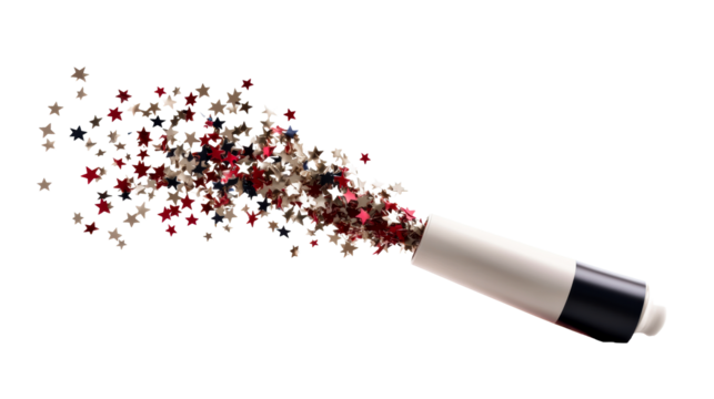 Explosion of Star Confetti from Tube on White Background, cut out transparent