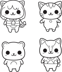 Cute kawaii coloring page illustration with four characters
