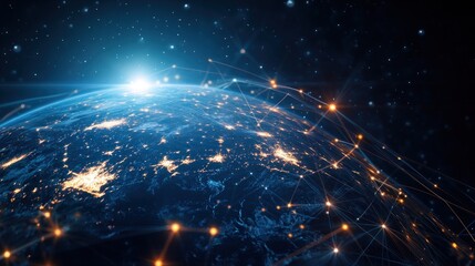 Global network connecting cities with bright lights across the planet, symbolizing communication and technology.