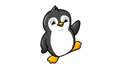 A cute and friendly cartoon penguin character waving a flipper in greeting. Happy smiling arctic bird illustration isolated on white background.