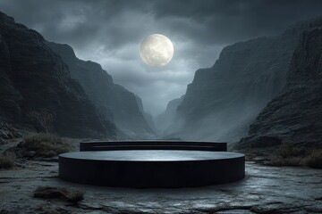 Dark moonlit landscape featuring a platform between misty mountains. Great for displaying product or brand in a mysterious environment.