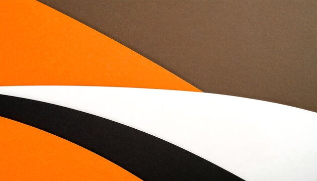 A vibrant graphic design featuring overlapping layers of orange, brown, black, and white, creating an abstract and dynamic visual composition.