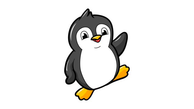 A cute and friendly cartoon penguin character waving a flipper in greeting. Happy smiling arctic bird illustration isolated on white background.