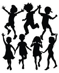 Collection of seven diverse children silhouettes in black