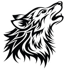 Isolated illustration shows a stylized black wolf's head howling towards the sky