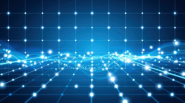 Glowing blue network grid with white dots  curved lines Digital futuristic