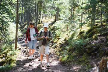 Young explorers hiking in sunny forest trail