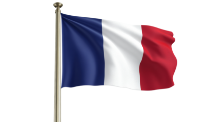 French flag waving on golden flagpole with transparent background