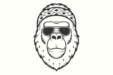 Outlined gorilla wearing patterned headwear and cool sunglasses is displayed in monochrome