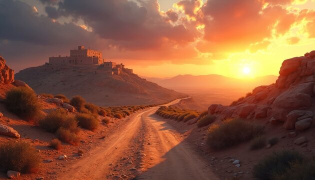 Dirt road leads to ancient city ruins on hill at sunset. Arid landscape with rocky formations, sparse vegetation under colorful sky. Biblical travel theme evoking history, civilization, adventure in