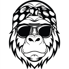 outline presents gorilla face with a bandana and sunglasses in black and white