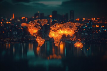 Glowing world map representing global connectivity and digital networks at night
