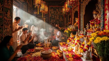 Devotion and Serenity: A Glimpse into a Vibrant Buddhist Temple During a Prayer Ceremony