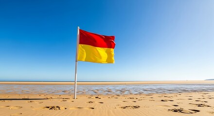 Lifeguard flag warning on sandy beach under blue sky safety message at the shore