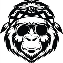 Monochrome Gorilla Wearing Sunglasses and a Bandana is Isolated on White Background