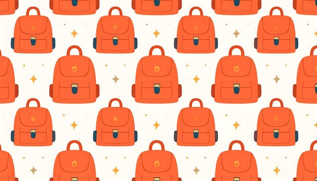 Seamless pattern of orange backpacks on white background, accented with small gold stars