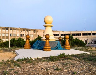 Giant chess pieces on a concrete platform