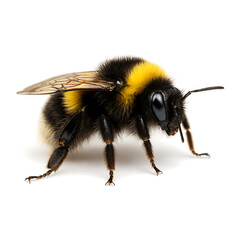 Close Up Bumblebee Macro Photo Black Yellow Striped Fuzzy Body Wings on Transparent Background
