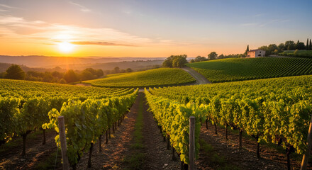 Obraz premium Enchanting vineyard scene at sunset showcasing meticulously organized rows of grapevines, rolling hills, and a picturesque house in the distance bathed in golden light, evoking tranquility and rural