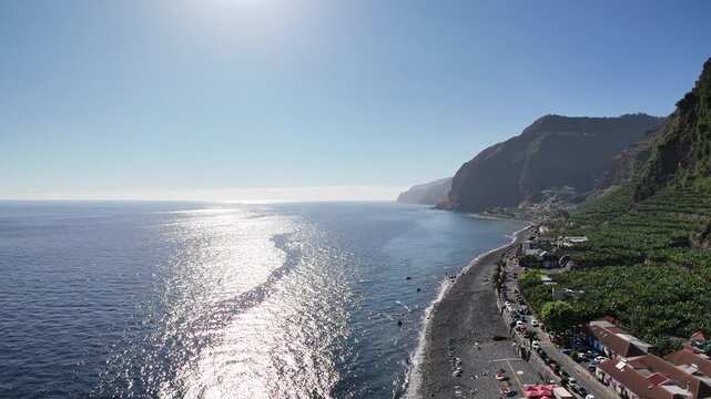 Flying over Cascata dos Anjos and the beach Two hidden waterfalls 
in the south of the island of Madeira, Portugal.