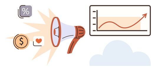 Megaphone spreading messages with dollar sign, heart, percentage icon, growth chart, and cloud. Ideal for online marketing, business growth, analytics, brand awareness engagement sales campaigns
