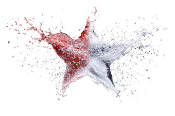 Dynamic star shape formed by splashing red liquid and clear water, cut out transparent