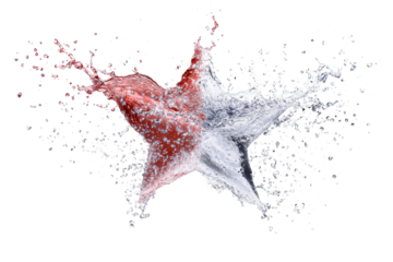 Dynamic star shape formed by splashing red liquid and clear water, cut out transparent