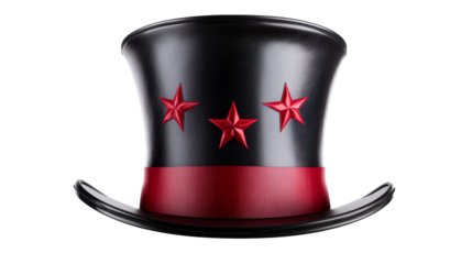 Black Top Hat with Red Stars and Ribbon Detail, cut out transparent