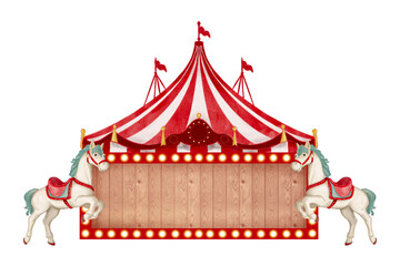 labels red wood light sign, circus,Decorated with white circus horse, toys, vintage, film, old, neon, night, frame, border, Hand Drawn Illustration on Transparent Background. © 7nov.studio