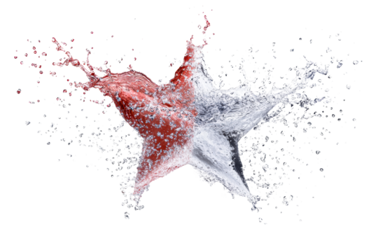 Dynamic star shape formed by splashing red liquid and clear water, cut out transparent