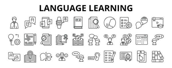 30 Language Learning Line Icons Vector - Translator, Vocabulary, Practice, Language, Diction, Grammar