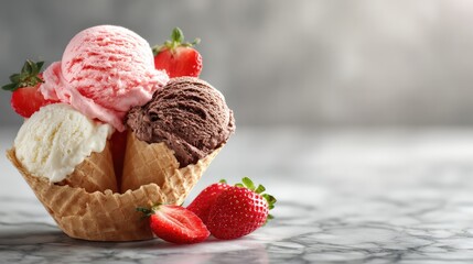 Three ice cream cones on a marble surface, showcasing delicious flavors in an overhead view.