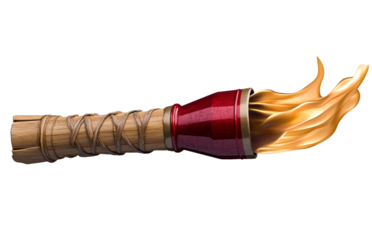 Handheld wooden torch with blazing fire, isolated on white background, cut out transparent
