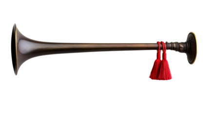 Ornate Brass Trumpet with Red Tassels on White Background, cut out transparent