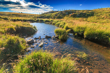 Stream on the Aubrac River in central France.
Small watercourse winding through arid plains and passing under an old stone bridge in the valleys of Occitania.
